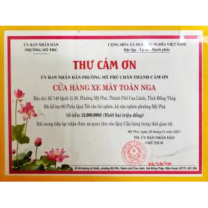 Giấy chứng nhận và thư cảm on của xe máy Toàn Nga