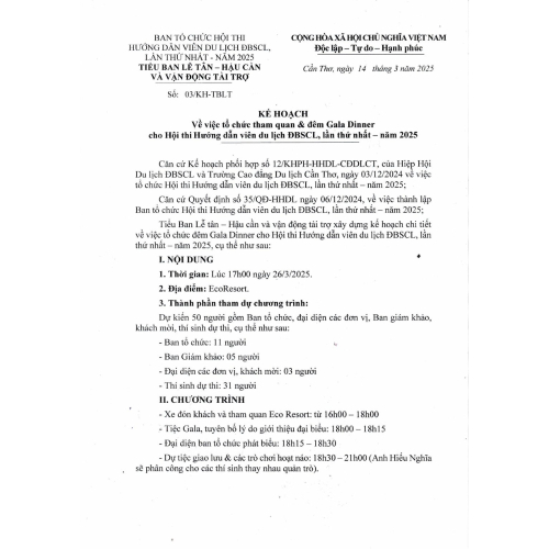 Kế Hoạch Tổ Chức Tham Quan Và Đêm Gala Dinner Cho Hội Thi Hdv Du Lịch ĐBSCL, Lần Thứ Nhất – Năm 2025